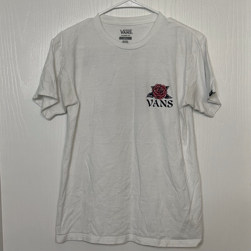 Vans Off The Wall white w/ rose image classic fit casual tee shirt men’s small
